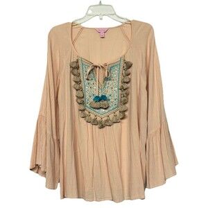 Lilly Pulitzer Gauzy Peach Shandy Resort Tassel Top Size XL Boho Beach Travel